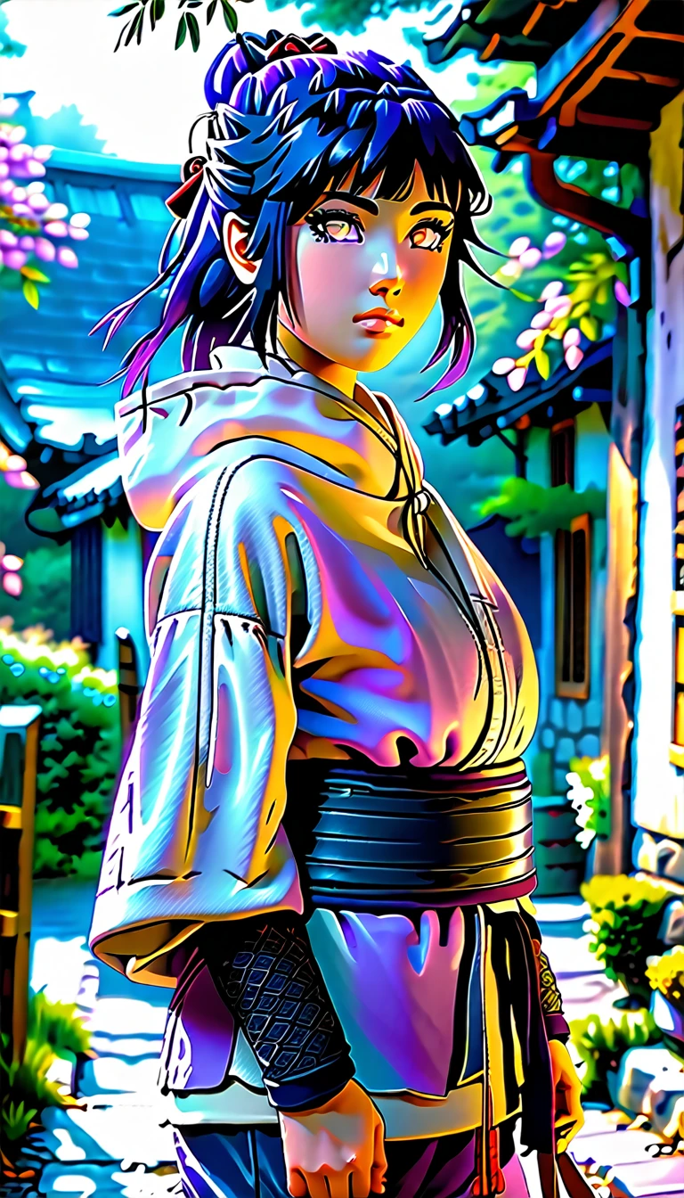 In the quiet, misty paths of a hidden ninja village, Hinata appears as a gentle yet determined figure. Her straight, dark blue hair frames her face with soft bangs, sometimes cascading down to her shoulders or lower, blending with the village’s serene shadows. Her light lavender eyes, reflective of her Byakugan ability, are striking in the dim light of the village streets. Once dressed in a modest lavender and cream hoodie with navy pants, she now wears more fitted, ninja-style attire in shades of purple and black, embodying her journey from shy beginnings to a confident and capable presence in the village.