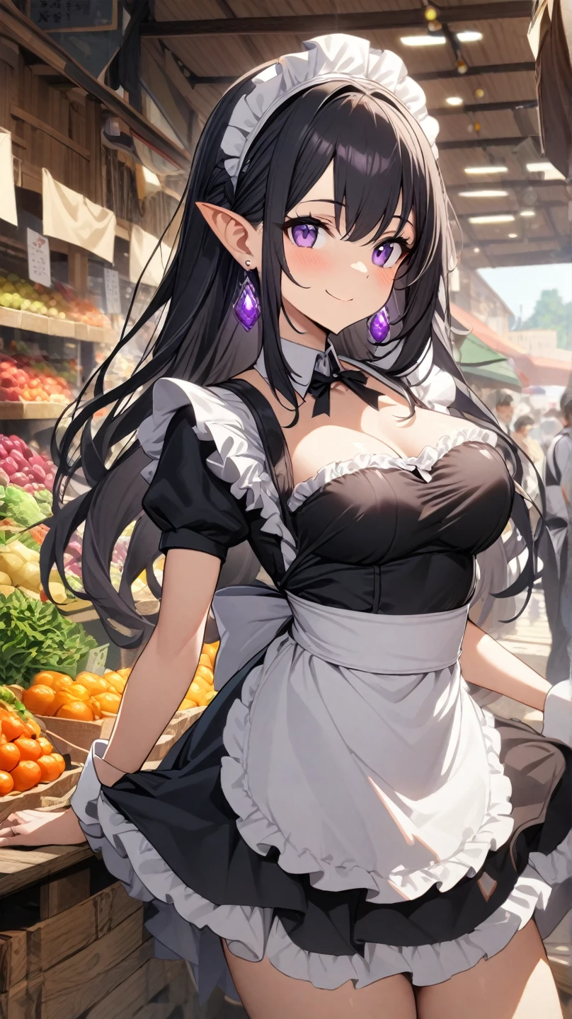 A black haired woman with brown eyes with an hourglass figure with black bunny ears in a cute lolita is shopping at the market with a smile