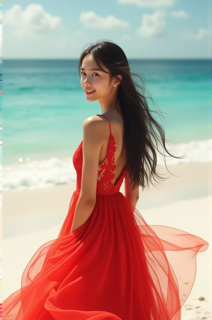 (masterpiece, Highest quality, 8K, High resolution),(Realistic skin texture, Perfect Face, Realistic, Perfect hands, Perfect finger count, Japanese, Girl), (), Big Eyes, Brown eyes, Light brown hair, Super long hair, Red hair ribbon, Small face, Smile, (Lace frilled dress, Cameltoe, Panty shot)), Are standing, Lift up the skirt, Sandy Beach, Hair blowing in the wind, Low - Angle