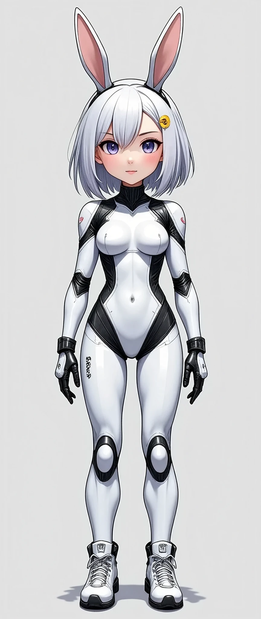 (masterpiece,  Best Illustration ,Super detailed),( android woman),(Front:2.0),( cute),( see here:2.0),(smile:2.0),(Chibi character:2.0),( super sexy ),(combat bodysuit like a bunny girl:2.0),(A black communication antenna and headband that looks like the mechanical ears of a cyberpunk rabbit:2.0),(The background is an abstract cyber space :2.0),( Minimalist :2.0),( Simple Design :2.0),( vector art with a single line:2.0),(whole body:2.0)