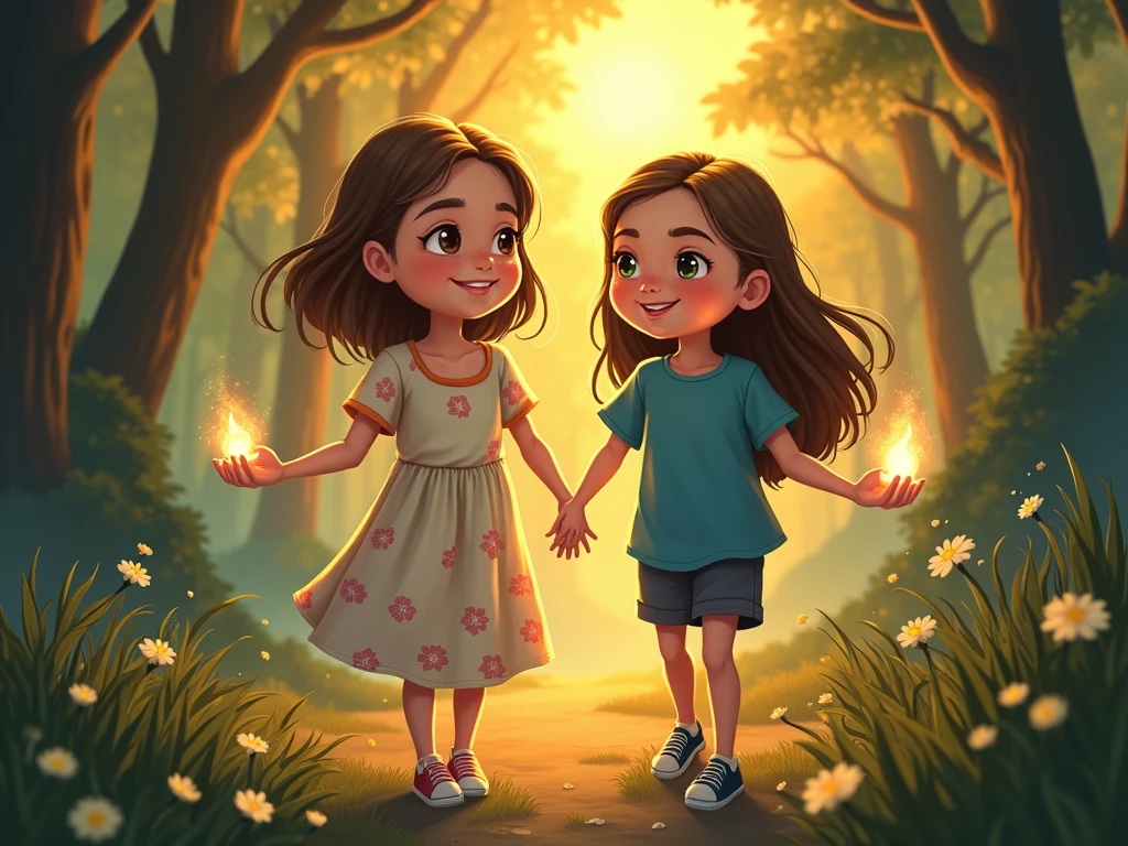 Two girls in the forest found a necklace with a small diamond and talk to the animals