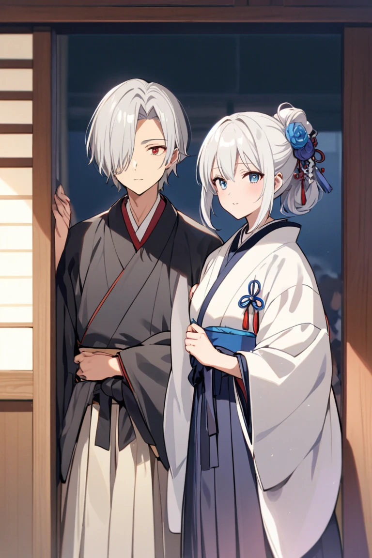 High resolution, High resolution,2D Anime Style,,Cool guy,Mature,,20th generation,Short Wolf Hair,Silver Hair,Red eyes,Beautiful Watches,Beautiful earrings,Beautiful Necklace,Beautiful yukata,He is laughing a little,night,Standing with your legs apart,festival