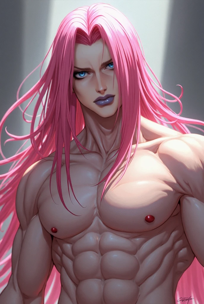 (1 girl), (cara delevingne), young girl, masculine physique, seductive face, seductive look, long pink hair, perfect muscular body, super skinny legs, naked, exposed vagina (huge muscular arms:1.25),