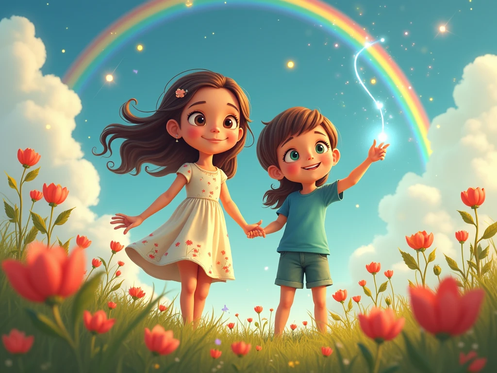 Create a fantasy world landscape with a rainbow in the background, and a girl and a one--old ding hands