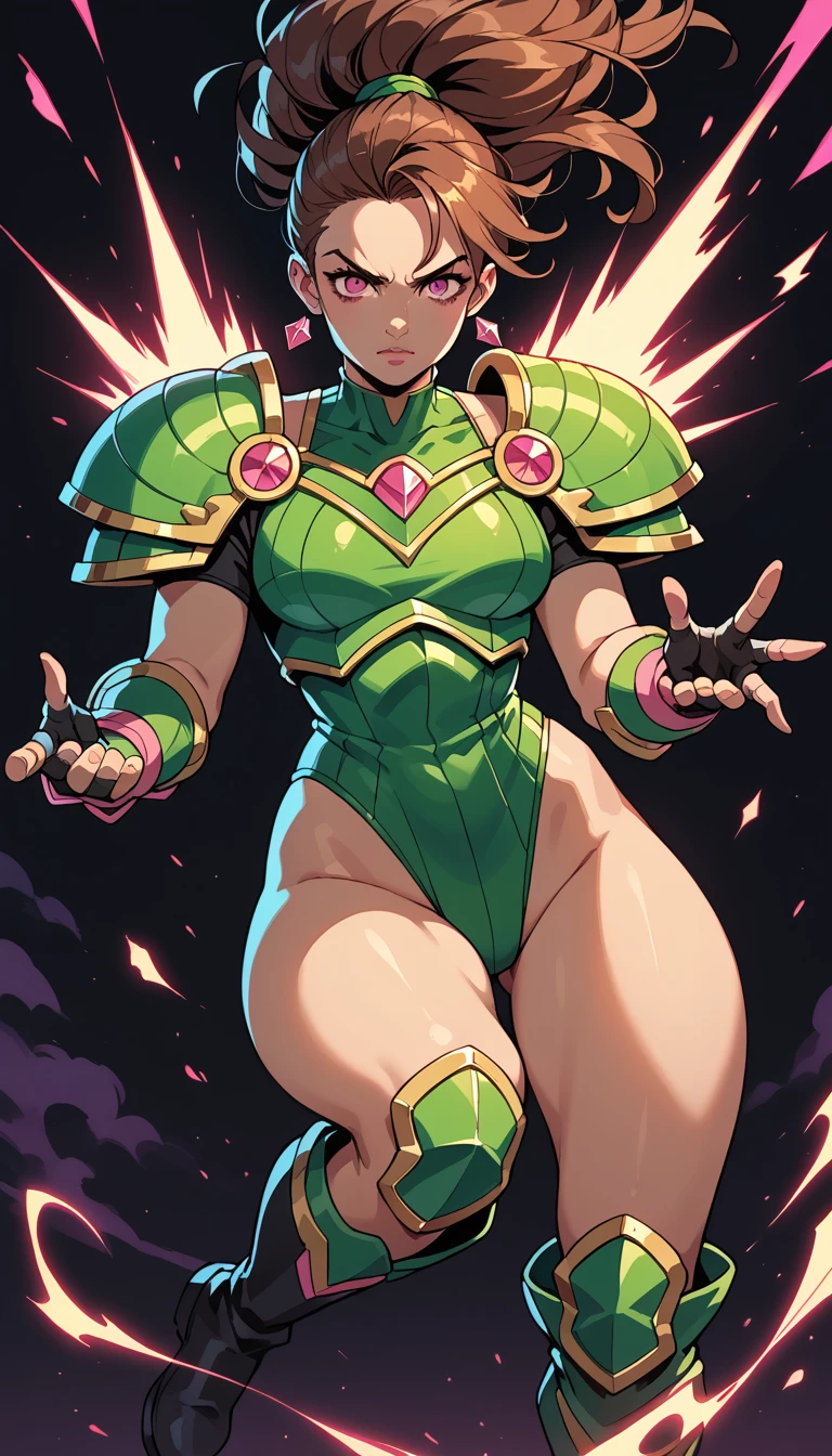 Epic poster.  Beautiful girl in epic pose . thick thighs . Long brown hair with red tips,pink eyes. Wears olive green armor with leotard style shoulder pads.  fingerless gloves .  black boots . perfect anatomy.  vibrant colors .  Dark background with sparks . Better Future .