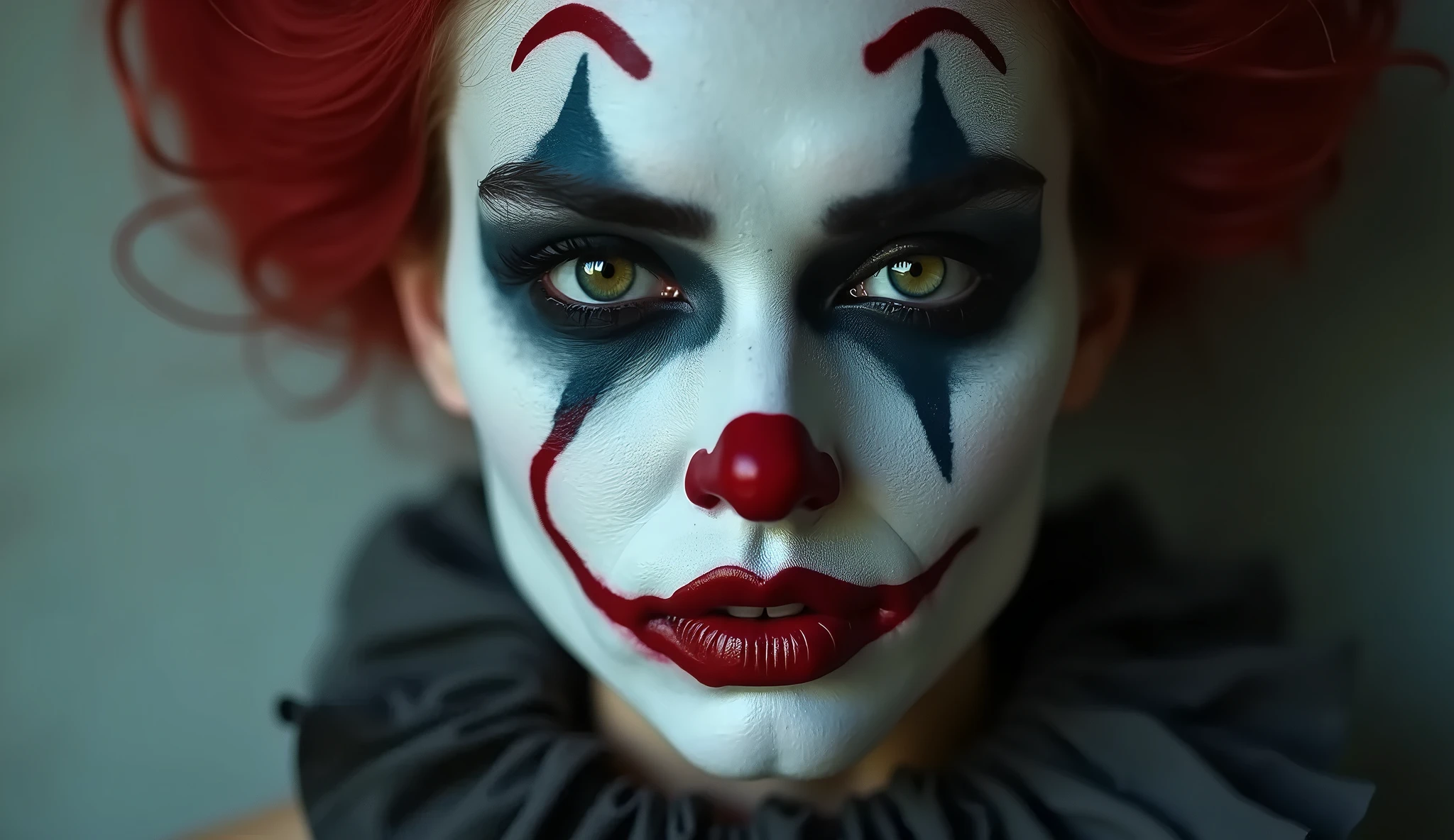 A close up of a woman with a clown makeup and red lips, clown makeup ...
