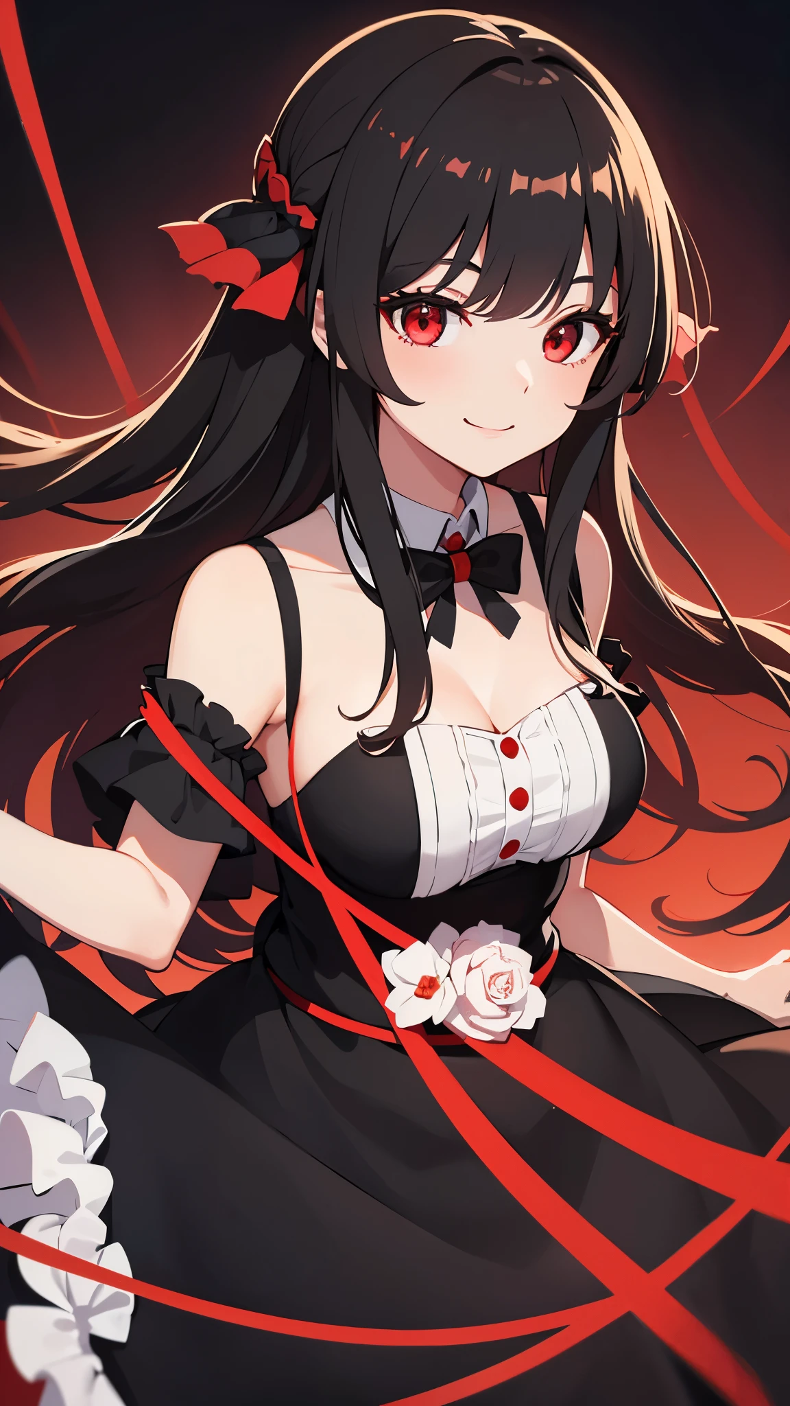 vtuber model, full body stand staight look straight to the viewer, no body pose, 1girl, black hair, red hair highlight, red eyes,queen of bones, wearing long unique elegant black red white lolita dress, big boobs, look elegant, wearing a fancy red white black shoes, 8K, best quality, high quality