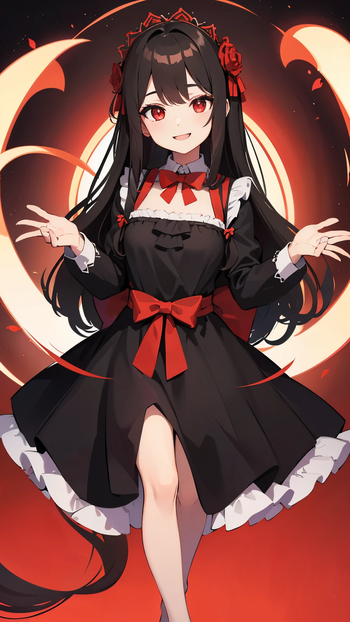 Camellia hair ornament White lace headband (maid clothes) Long black hair Wavy Hair Altar honey (((masterpiece,hightquality))), {{ultra-detailliert}} anime image full bodyesbian Front-facing Face is symmetrical Black miniskirt White panniers White lace apron Breasts are big No bangs Hair center parting Hair is waist-length White garter stockings a smile Red cheeks