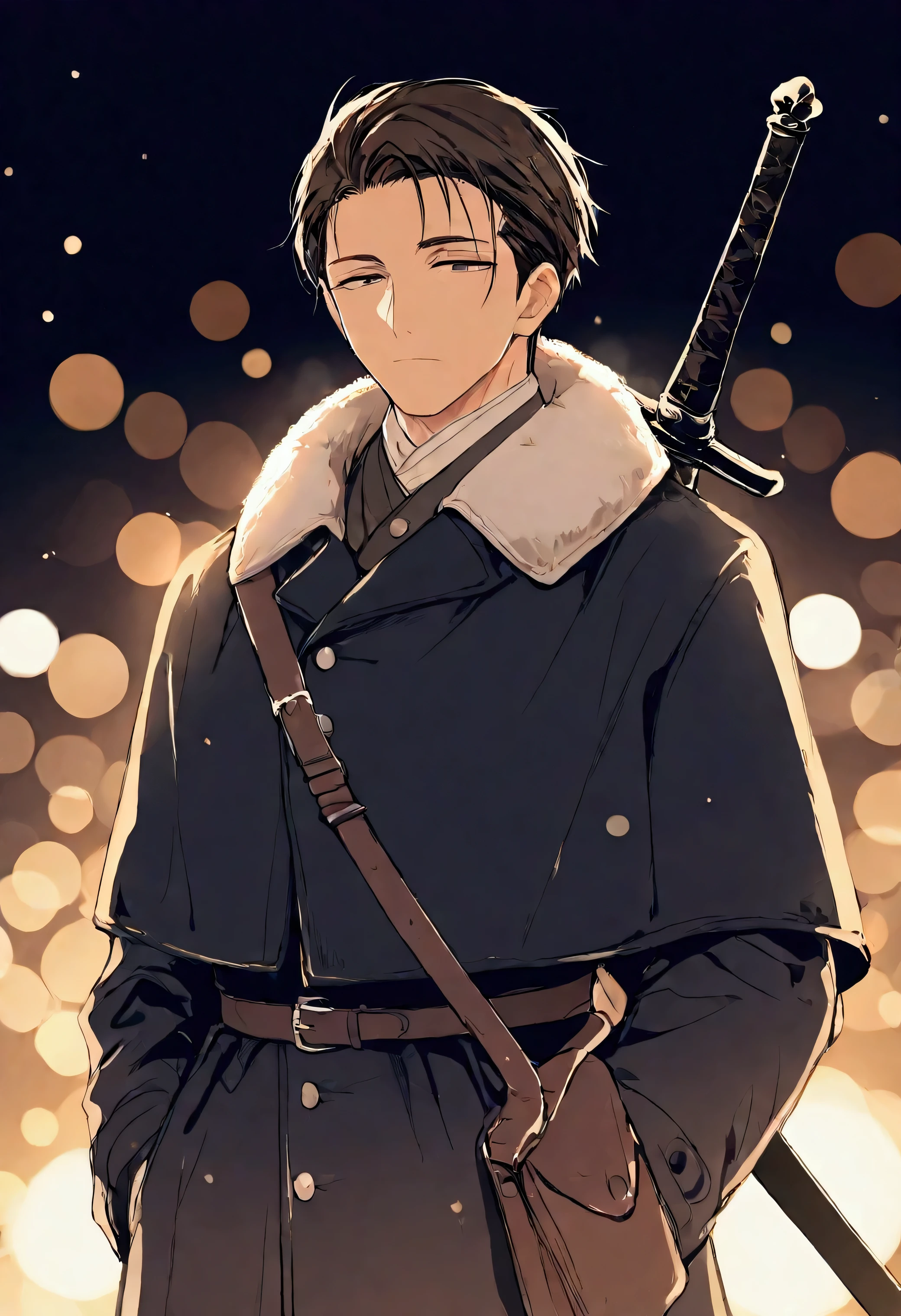 ultra detailed illustration in anime style of a man with half-closed eyes, Apricot skin, a medieval black winter coat, a winter background, a dark brown color hair, lens flare, depth of field, bokeh effect, backlit, stylish, elegant, breathtaking, visually rich, flat lights, flat colors, cel shading, art by best anime studios, 32k resolution, best quality, ink lines, a mature body, the Middle Ages, Longsword on the waist, an adventurer's bag on shoulder