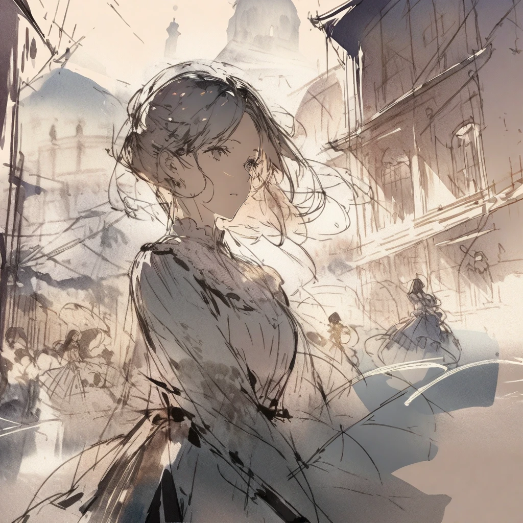 ((sketch:1.5)), ((watercolor:1)), Double Exposure of a Beautiful and Delicate Woman (The face is clear and perfect)image，Background、 Perfect Ultra Detailed Victorian Scenery , beautiful,  complicated illustration,  Artwork Concept Artwork, break,(Even if it's a conflict 、 There Are One or Two Things We Can Agree On Even If We Disagree ),