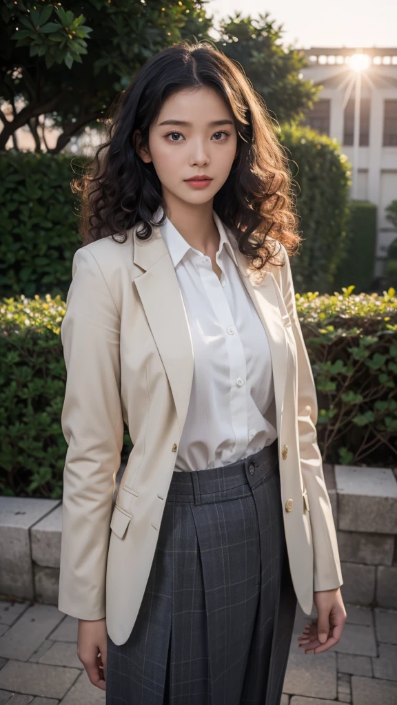  Hi-Res、masterpiece、 wrinkled skin、 High image quality、超 Hi-Res、 very detailed、woman、 high school students、  high school blazer uniform 、(( black medium length  ,   unkempt natural curls  )),   full body shot 、スポーティなwoman、 boyish、 camera 、 big breasts at the temple、 Perfect Style 、Long legs、 The background is on a hill at dusk  ,   model posing against the sunset .、