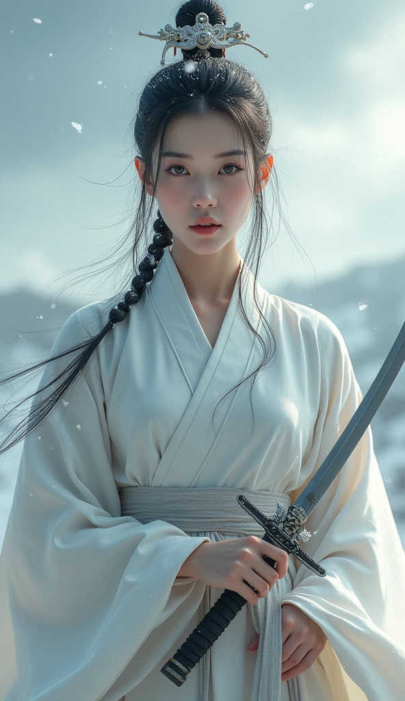 Beautiful woman holding a sword in a snowstorm, 彼女は長い日本Holding a sword, She is completely naked、Gweiz-style artwork, A woman's sharp gaze, Holding a sword, Pulling out the sword, She has a sword、Watercolor