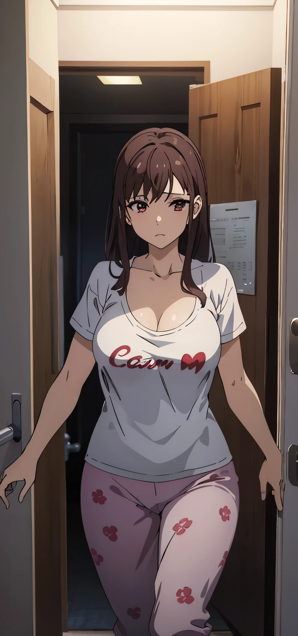 anime mom opening door, mom, a woman standing open door, beautiful women, pretty mom, boobs, clevage, wearing tshirt, pajama 