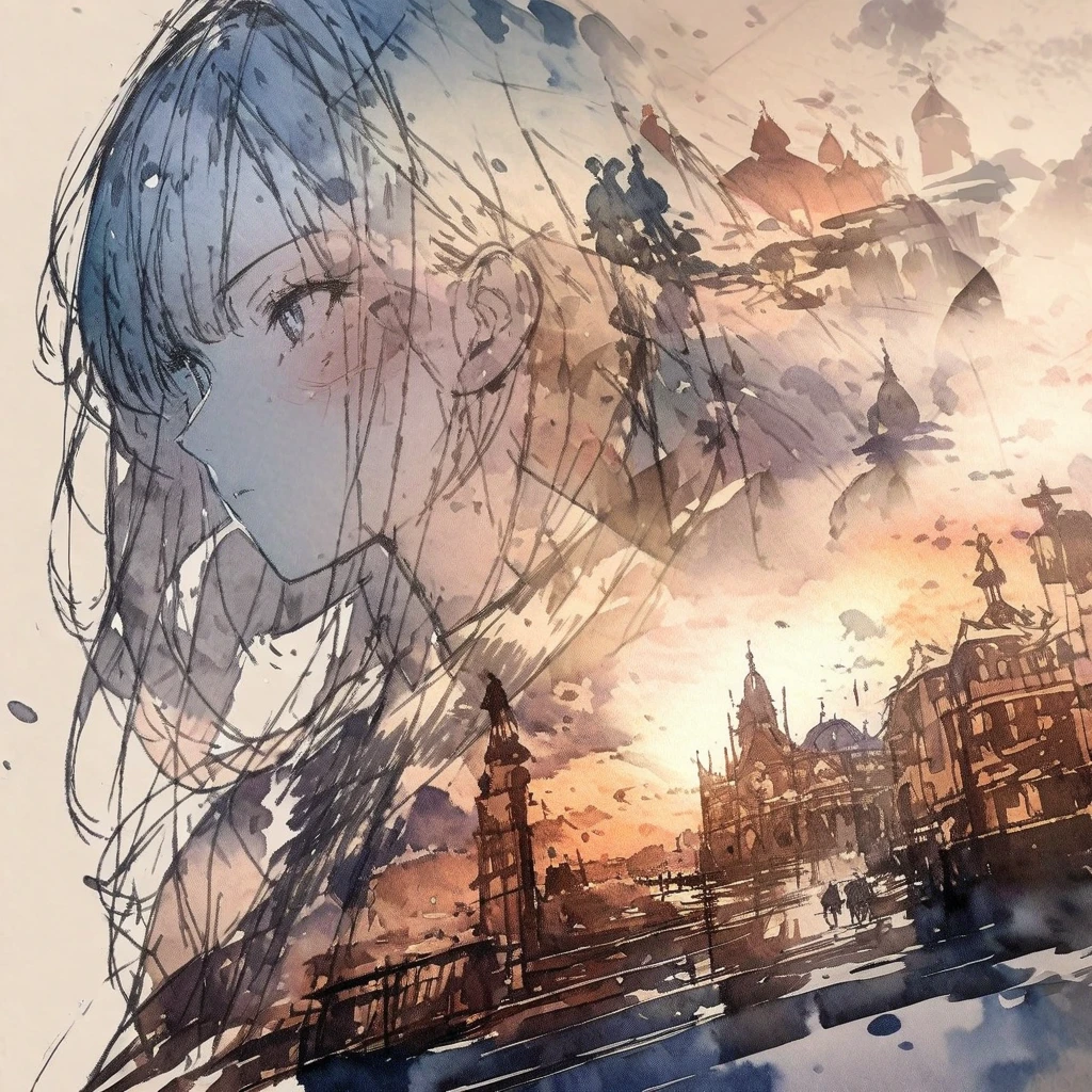 ((sketch:1.5)), ((watercolor:1)), Double Exposure of a Beautiful and Delicate Woman (The face is clear and perfect)image，Background、 Perfect Ultra Detailed Victorian Scenery , beautiful,  complicated illustration,  artwork concept artwork, break,(Even if it's a conflict 、 There Are One or Two Things We Can Agree On Even If We Disagree ),