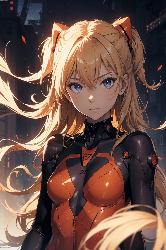 official art, unity 8k wallpaper, ultra detailed, beautiful and aesthetic, masterpiece, best quality, realistic, close-up, skindentation, souryuu asuka langley, interface headset, bodysuit under clothes, detailed eyes, detailed face, detailed hair, black background, straight-on, looking at viewer, glossy,