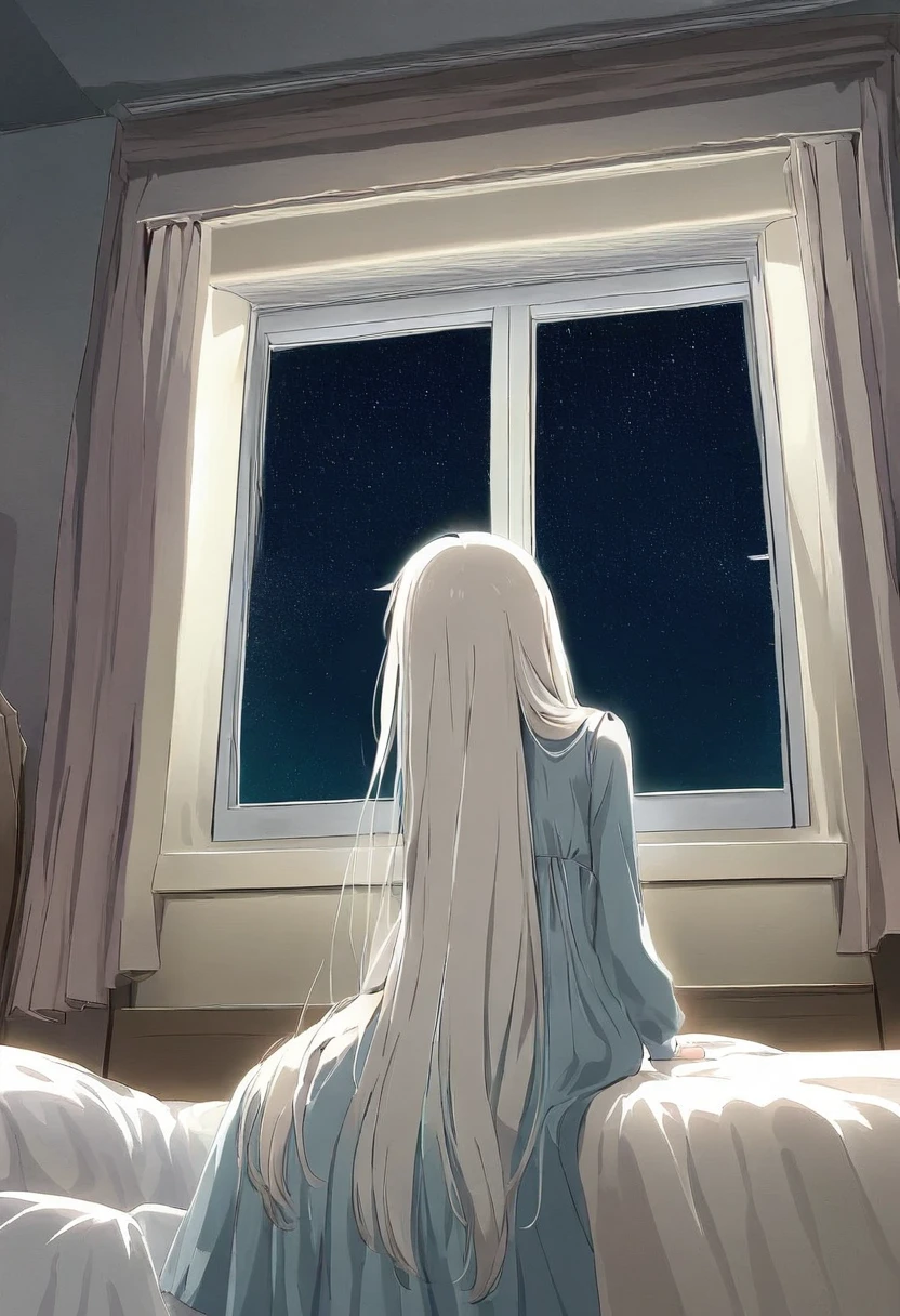 1 ,  in a long blue dress with long hair, In a bedroom window watching the sky , at night