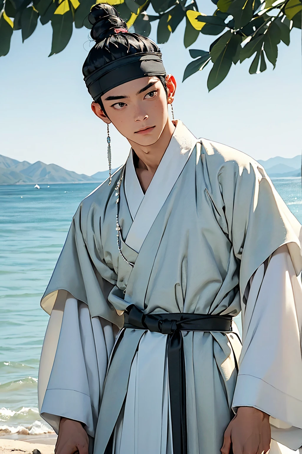 (absurdres, highres, masterpiece, best quality, ultra-realistic,ultra-detailed),(beautiful detailed face and eyes and hair:1.1),handsome,asian man,tall and muscular,black hair,black eyes,datailed face,topknot,see-through headband,white hanbok,faint smile,upper body, sea background