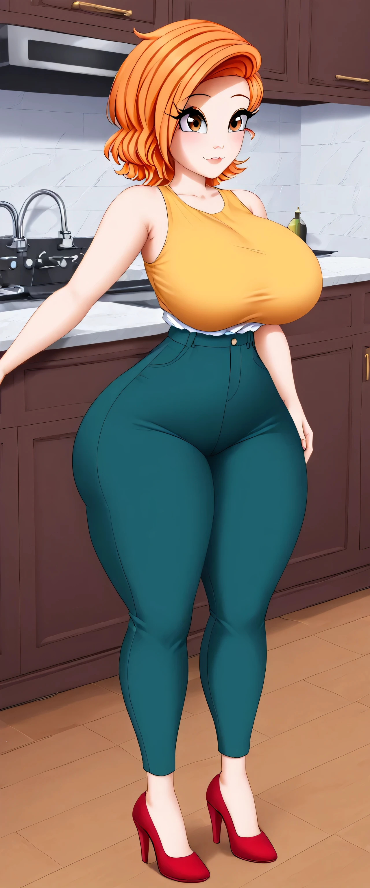 A tall beautiful beautiful big breasted girl attractive sexy short round orange hair her brown eye wears sleeveless yellow blouse underneath long sleeve white shirt and dark green pants big thigh red heel