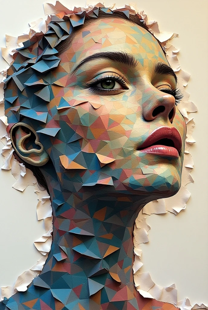 Expressionist artwork images of multiple floating ceramic heads, 3d collage style, make it weird and gallery worthy, ((transgender man)), portrait, absurdres,highres,ultra detailed,ultra-detailed background,detailed background,extremly detailed,1girl,bunch of flowers,(zentangle:1.2),(geometric:1.2) multi-colored color palette, monochromatic, big , cleavage, sideboob, lingerie, realistic depiction, arms behind back, kaleidoscopic, multidimensional, ethereal glow, captivating uniqueness, surreal juxtapositions, visual symphony, unforgettable visual narrative, edgy, mathematical, simple-shaped vectors, highly modern, stylistic, polygonal abstraction, vector art, bold lines, minimalist color scheme, digital art, abstract geometry