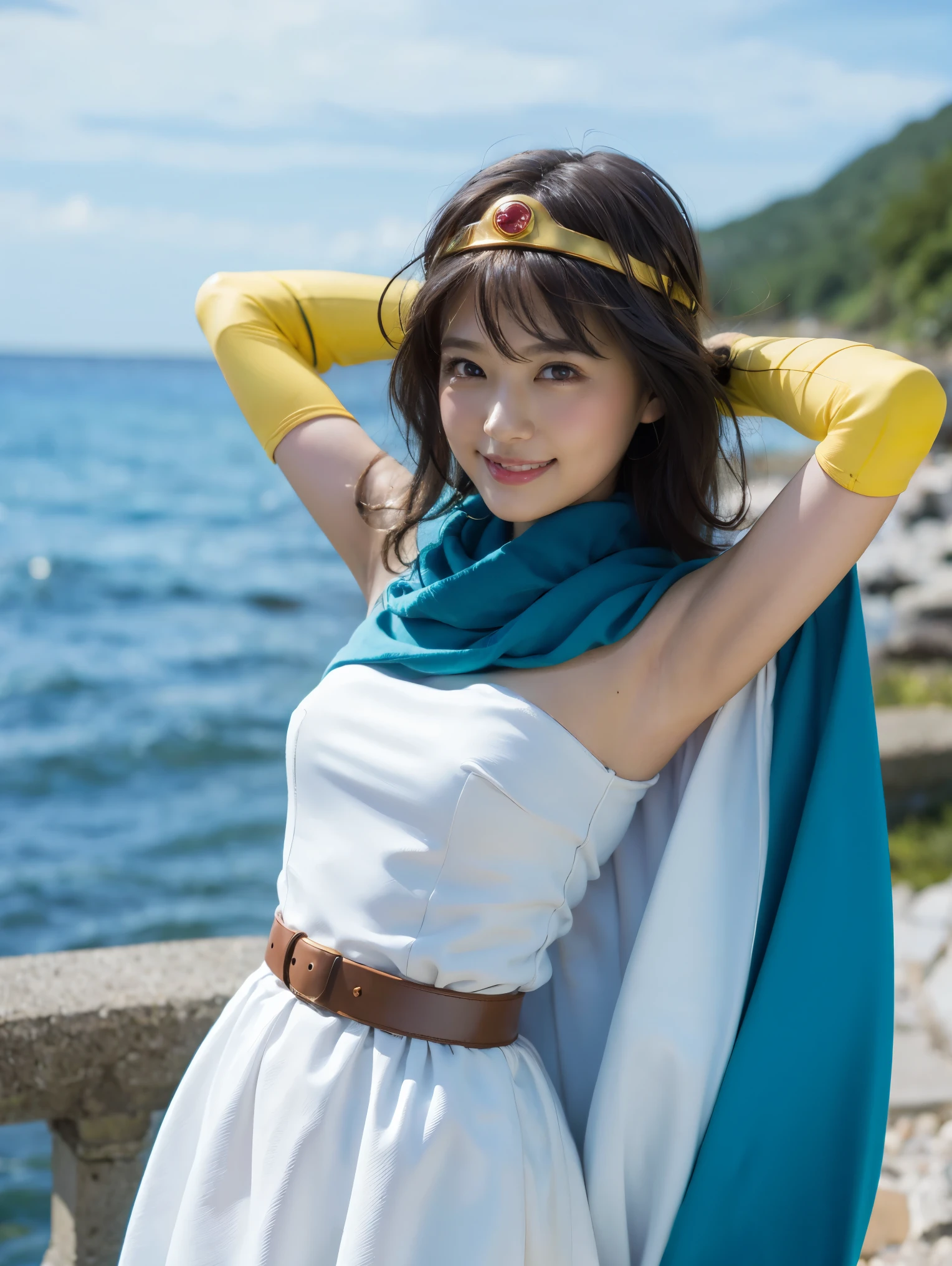 Raise your arms and turn them behind your head、side、 old girl、(8k,  RAW photos from the last century,Best Quality,  Hi-Res:1.1), (Ultra-realistic:1.4),(Realistic, Realistic:1.3), Japanese Beauty、1 person、((smile:1.2))，Seaside、( photograph )、(( depicting only the upper body ))、Raise your arms and turn them behind your head、((side))、 short hair、  by Medieval City ,  (dq3),  white dress,  circlet, yellow gloves, belt, Cape,  boots,Shoulder Bare, place her arm behind her head,Skirt style,