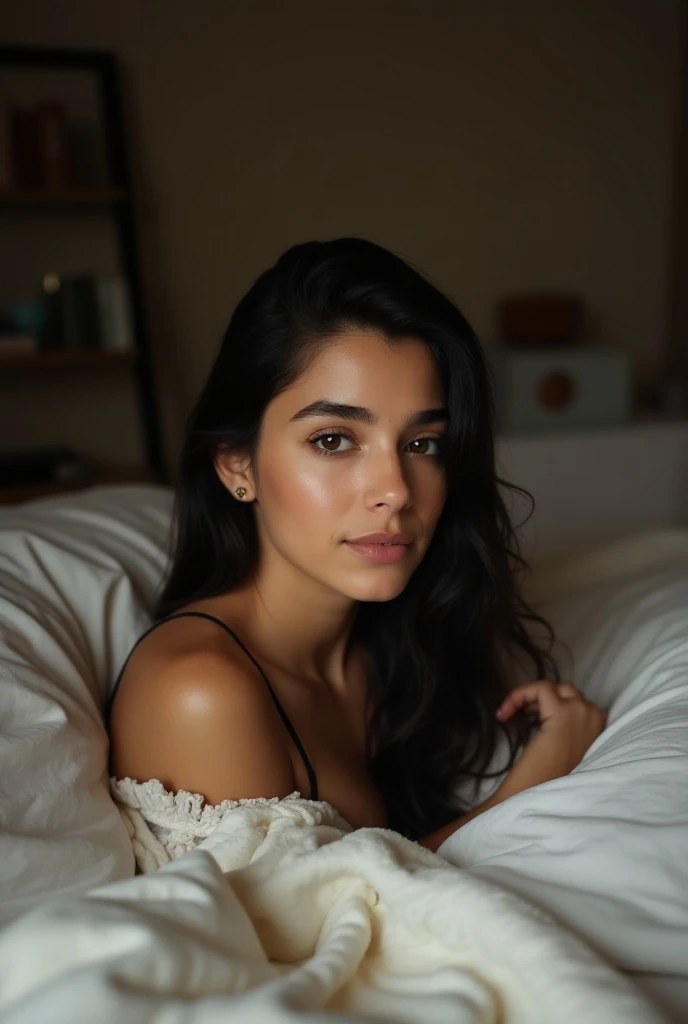 Teen Columbian teen wearing a lace top and yoga pants, sitting on the bed, seductive, long hair, 8k, hdr, dark skinned