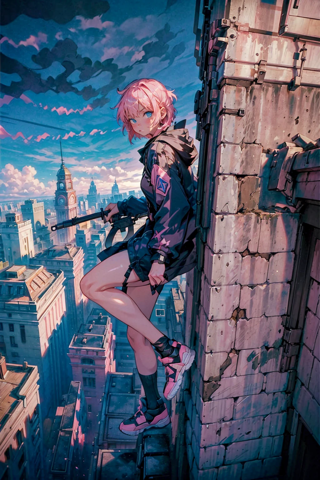 1girl,(((pink short hair,blue eyes))),cool,dark sorceress robe,hoodie,sneakers,Hold a rifle, sniper, aiming at viewer,gun
outdoor,((stand on the chimney)),around high building,rooftop,overlook the city,