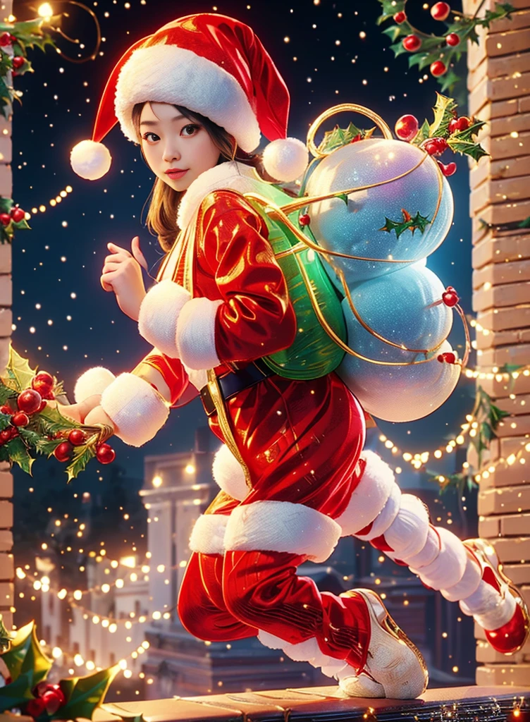 Christmas, 1 cute and beautiful Chinese girl wearing glowing traditional Santa Claus costume, holding a beautiful Christmas wreath in her hands, standing in a bright and warm Christmas decorated room, Christmas tree, gifts, Christmas socks, fireplace, looking with eyes Audience, first-person perspective, photo album, seven clones