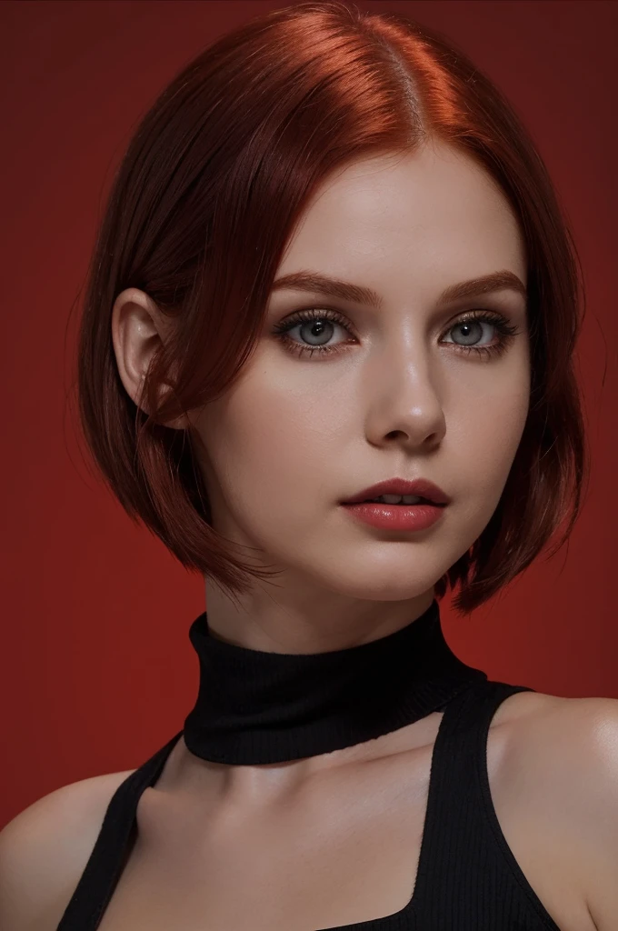 woman with medium hair ,Auburn-red-hair, arafed woman wearing black turtleneck top, with short hair, short redhead,eyeliner,portrait, young beautiful amouranth, red short hair, short red hair, old goth girl, chin-length hair, girl portrait, amouranth, headshot profile picture, better known as amouranth, short copper hair, with red hair , black background, simple background 