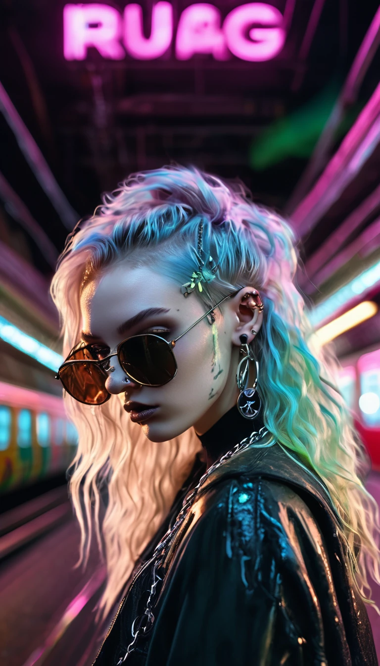 Close-up of a young woman with a dark, edgy aesthetic sitting on a subway, in a low-angle view that emphasizes her intense expression. She has pale skin, long, dark wet wavy hair partially covering her face, and is wearing large round sunglasses with a reflective greenish tint. She has multiple piercings, including nose and ear piercings, and is biting her finger with black-painted nails, creating a rebellious vibe. The lighting is a soft, cool, ambient glow, highlighting the contours of her face and making the wet hair strands stand out. Her outfit includes a black T-shirt with a distressed graphic print featuring a satanic logo, and she wears a silver chain necklace that hangs down. The overall style is hyper-realistic with vibrant yet moody colors, capturing a grunge, urban, cyberpunk-inspired look."   \(8k,wallpaper of extremely detailed CG unit, high resolution, top-quality, top-quality real texture skin, hyper realistic, increase the resolution, RAW photos, best quality, highly detailed, the wallpaper,g