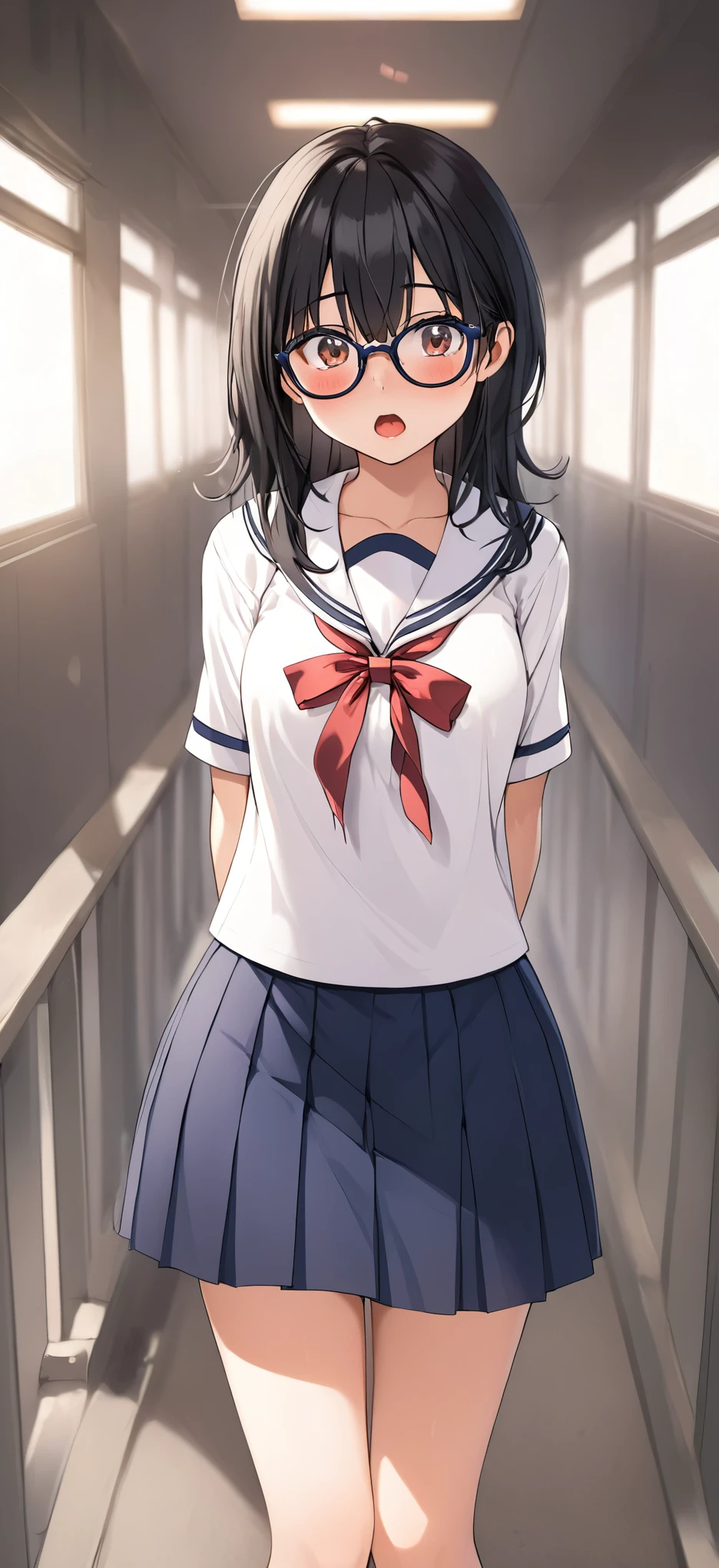 1 woman, cute woman ,High school girl, white uniform, navy blue skirt,The skirt is all navy blue,Black Hair, wearing black glasses,blush,Surprised