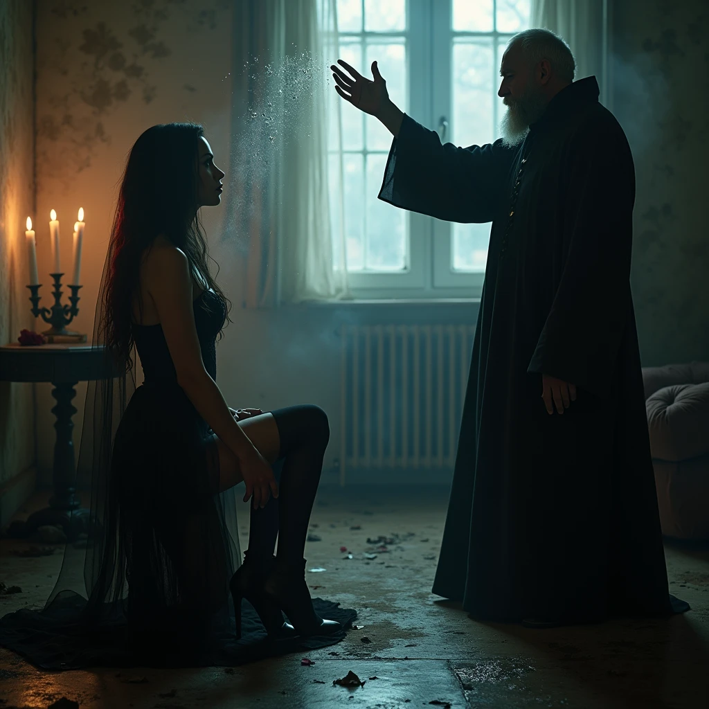 [Ultra-realistic][Dark] A dark dungeon with candle flames burning. A muscular, bald old man is about to be seduced by a beautiful black-haired woman (a wizard). Created to look super cool, like a scene from a movie.