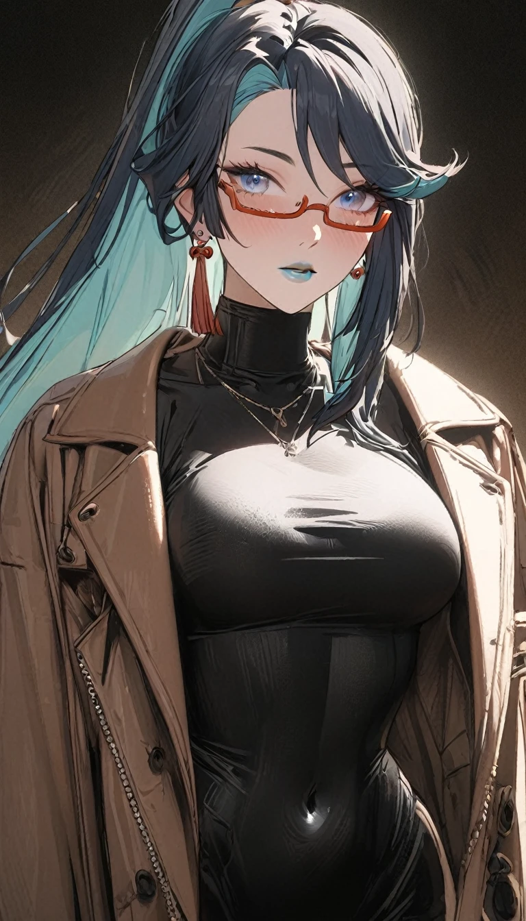 1girl, high ponytail,  brown coat, dark turtleneck, small earrings, baggy jeans, plain background, 8k, highres, hyperdetailed, dramatic lighting, cinematic, elegant, beautiful detailed eyes, beautiful detailed lips, extremely detailed face, long eyelashes, fashion portrait, ft colors, pastel colors, warm tones, full body shot, blue_eyes, long_hair, black_hair,semi-rimless_eyewear, hair_ornament, covered_navel, red-framed_eyewear, blue_hair, multicolored_hair, bangs, whole body, mature female
