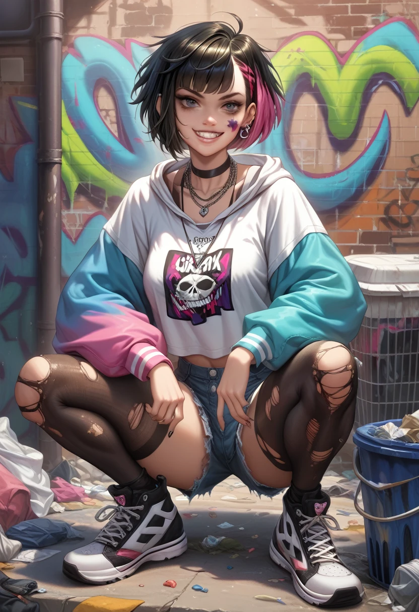 Illustration by Jamie Hewlett, bold linework, edgy character design, graffiti-style background, punk-inspired vibe, A cute girl squatting in a back alley, messy short bob haircut with dyed tips, wearing an oversized hoodie with bold graphic prints, ripped fishnet tights, high-top sneakers, layered necklaces, playful expression with a slight smirk, graffiti-covered walls and scattered trash cans in the background, gritty yet colorful urban atmosphere, inspired by Jamie Hewlett’s art style,
