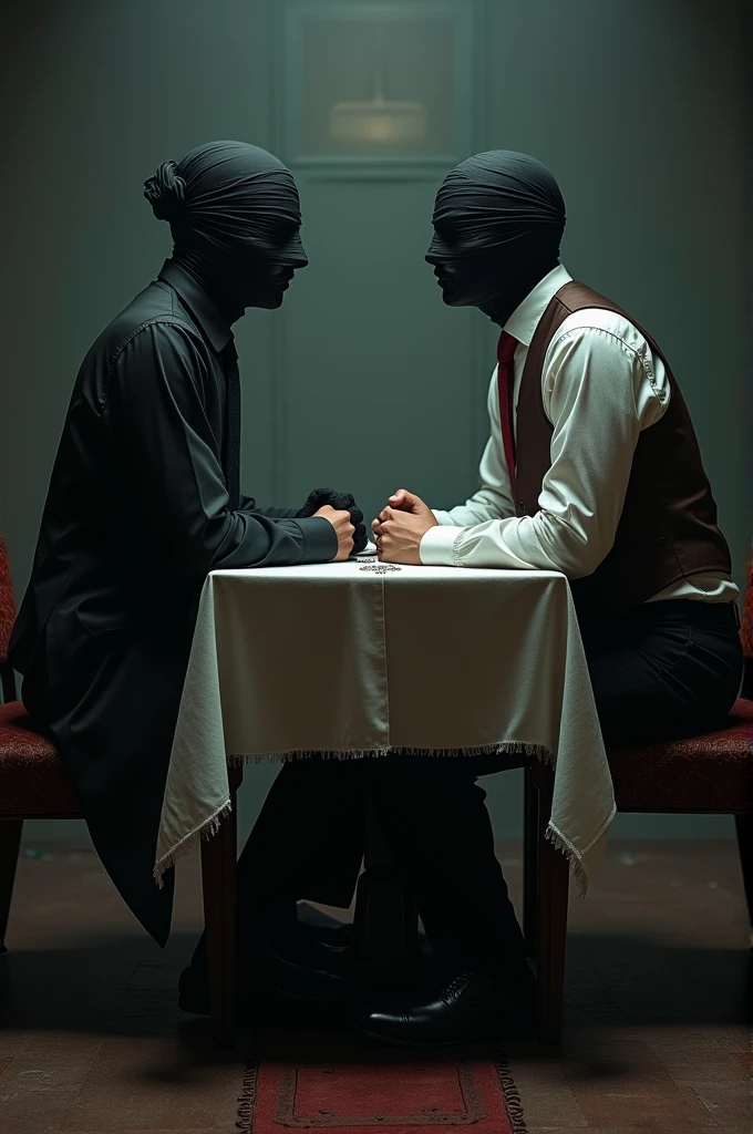 Sur le plan nous avons deux hommes le font et de nuit à gauche de côté un homme assis porte un costard avec une cravate noire possède un tissu blanc recouvrant l'entièreté de son visage qui c'est qui va vers l'arrière de sa tête dos à lui également assis se dos a dos ce trouve une autre personne pourtant une chemise bleue ,une cagoule blanche sur son visage montrer sa bouche il possède des lunettes superposées sur la cagoule et un bob blanc par dessus la cagoule