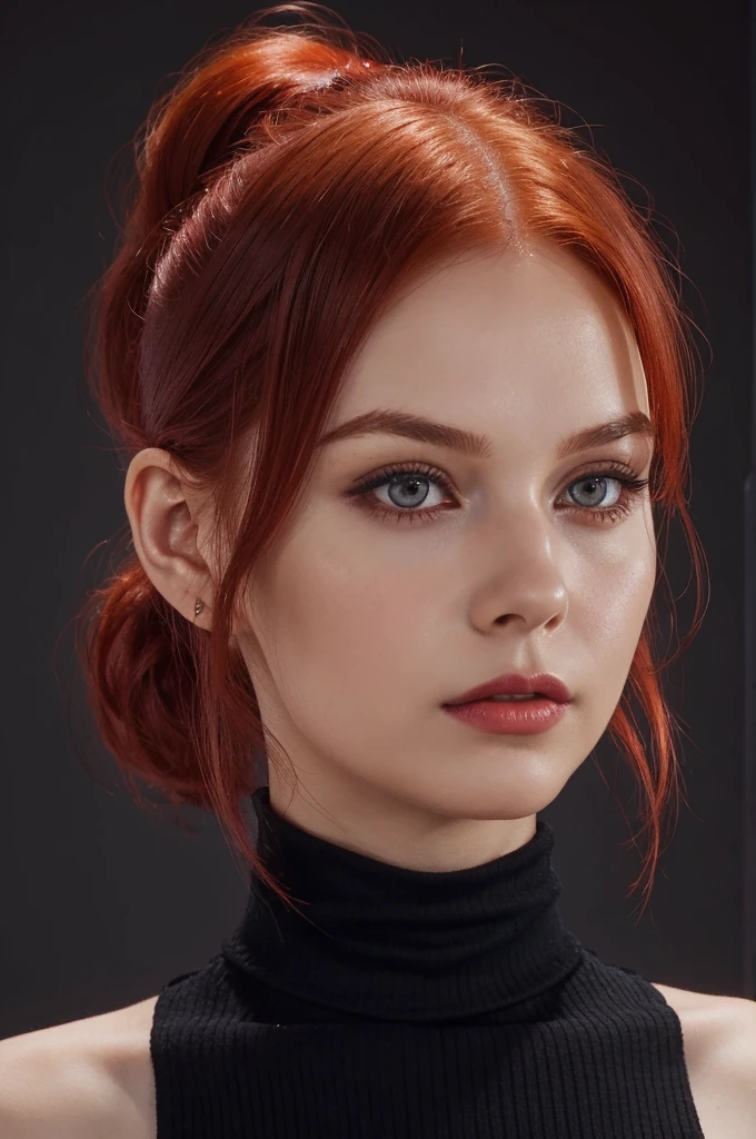 woman with ponytail hairstyle ,Auburn-red-hair, arafed woman wearing black turtleneck top, with short hair, short redhead,eyeliner,portrait, woman with medium hair ,Auburn-red-hair, arafed woman with red hair and a black turtle neck top, with short hair, short redhead, young beautiful amouranth, red short hair, short red hair, old goth girl, chin-length hair, girl portrait 