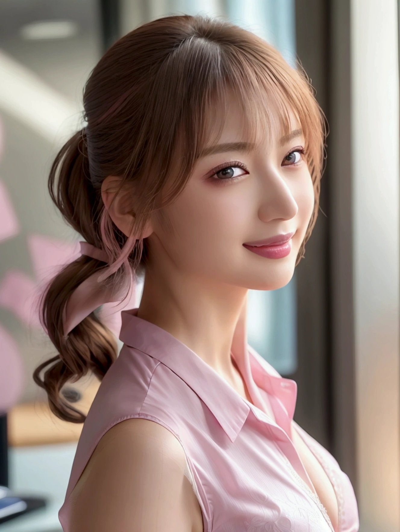 ((Best Quality、8k、masterpiece:1.3))、Realistic、(Beautiful and vibrant background: 1.2), ( very detailed CG,  very detailed, Best Shadow: 1.1), ((depth of field )),(Very delicate: 1.1), (perfect details : 1.1), young woman、(pink formal shirt:1.3)、( sexy underwear:1.3),(modern office:1.2)、(anatomically correct body )、（perfect figure:1.3）、(very detailed beatiful face)、(beautiful skin texture)、(beautiful eyes)、double eyelid、(big breasts:0.9)、smile 、 beautiful constriction、Beautiful long legs、looking at the camera、(dynamic pose),short ponytail, natural makeup