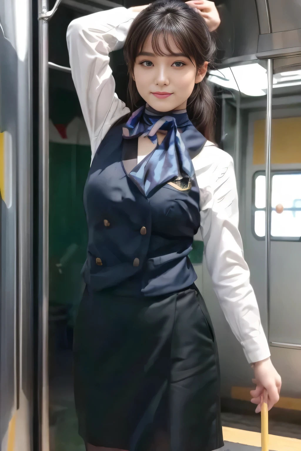 (masterpiece:1.2, Best Quality:1.2), 32kHDR,  kampala, (Alone、  1 girl)、（What is 、 Professional Lighting）、In-flight background、（Nankai Train crew uniformを着たリアルなスタイル）、（（  Nankai Train Crew Uniform Collarless Blouse Long Sleeve 、Black Curly Culotte Skirt 、Scarf around the neck））、 Dark brown hair 、（ Long Hair、Hair tied up、Hair tied up）、 Dark brown hair 、 Long Hit 、Big Breasts、Thin legs、（（Great hands：2.0）），（（  harmonious body proportions ：1.5）），（（Normal limbs：2.0）），（（Usually refers to：2.0）），（（ DELICATE EYES FULL OF DECISION：2.0）），（（Normal eyes：2.0））)、smile、（Nankai Train crew uniformを着た美しい姿）、Hands clasped underneath