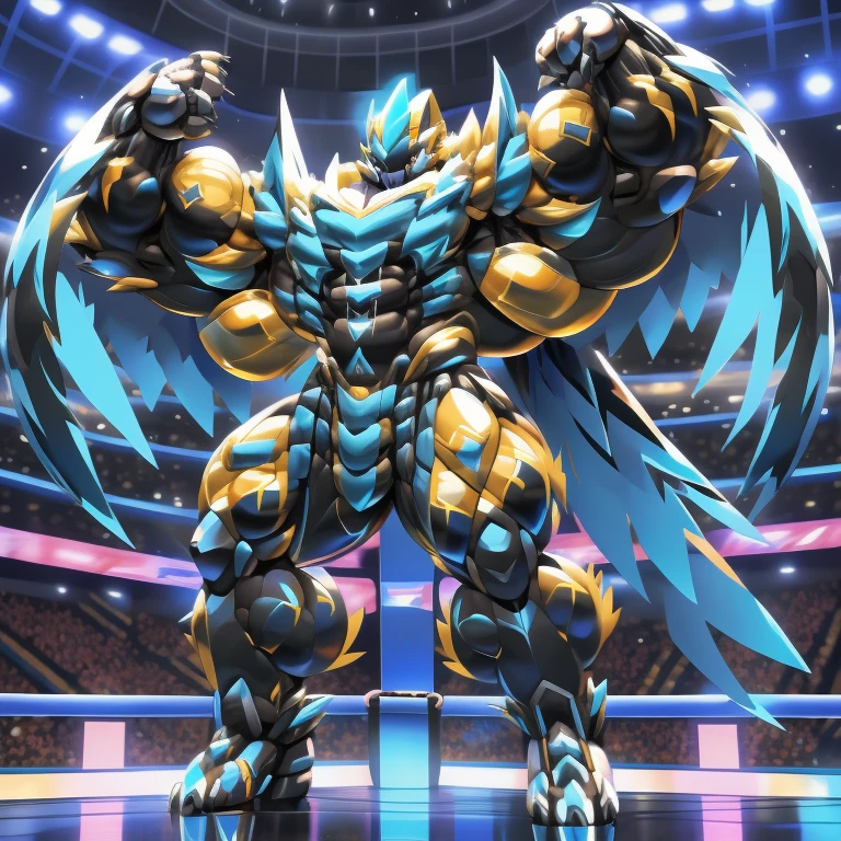 (zeraora, 8K), (zeraora's giant robot, Powered exoskeleton with the same design as zeraora), (Masterpiece, highres) (Detailed head, Detailed Body, Detailed abs, full body) (gigantic muscles, Gigachad Muscular, big muscle, pecs, triceps, traps, unusually developed muscular body, body full of huge muscles. showing off muscles, pectorales enormes, Exaggeratedly huge muscles.) (nj5furry, The claws are sharp, Sharp teeth, sharp claws), (long legs), (Spread wings, It has wings, have big wings, golden wings), (Wrestling, wrestler, the bodybuilding), (It has wings, whole body shines like metal, Wearing cyberpunk mecha, emphasizes the muscles, suit fully made of metal, intricate armor, Robotic suit, suit fully made of metal, cyborg), menacing pose, sitting on the throne, An arrogant expression. destroying city. BULK UP. (golden hyper penis)