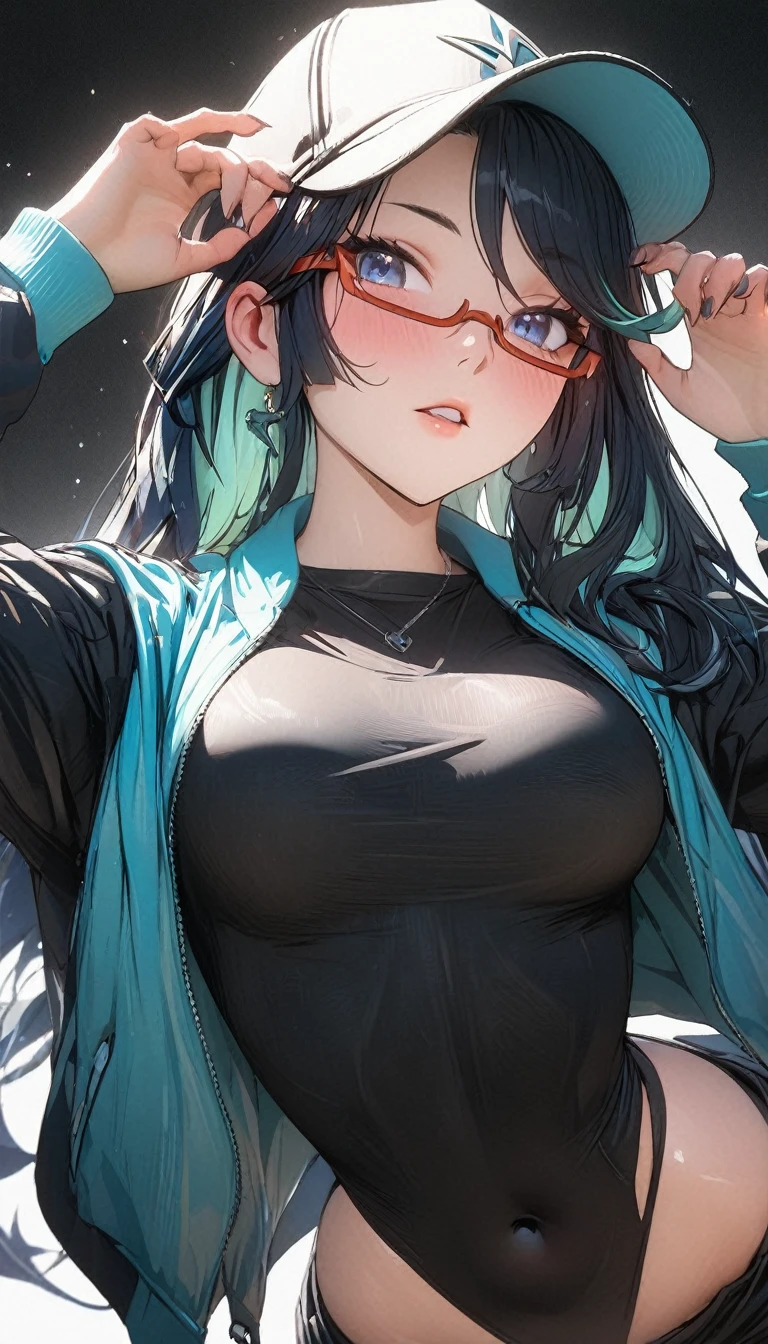 A woman with a baseball cap and a jacket, open jacket , wearing shorts ,extremely detailed anime style girl, seductive anime girl portrait, detailed facial features, , detailed clothing, studio lighting, 8k, high resolution, masterpiece, vibrant colors, dynamic composition, full body shot, dynamic pose, white background, blue_eyes, long_hair, black_hair,semi-rimless_eyewear, hair_ornament, covered_navel, red-framed_eyewear, blue_hair, multicolored_hair, bangs,