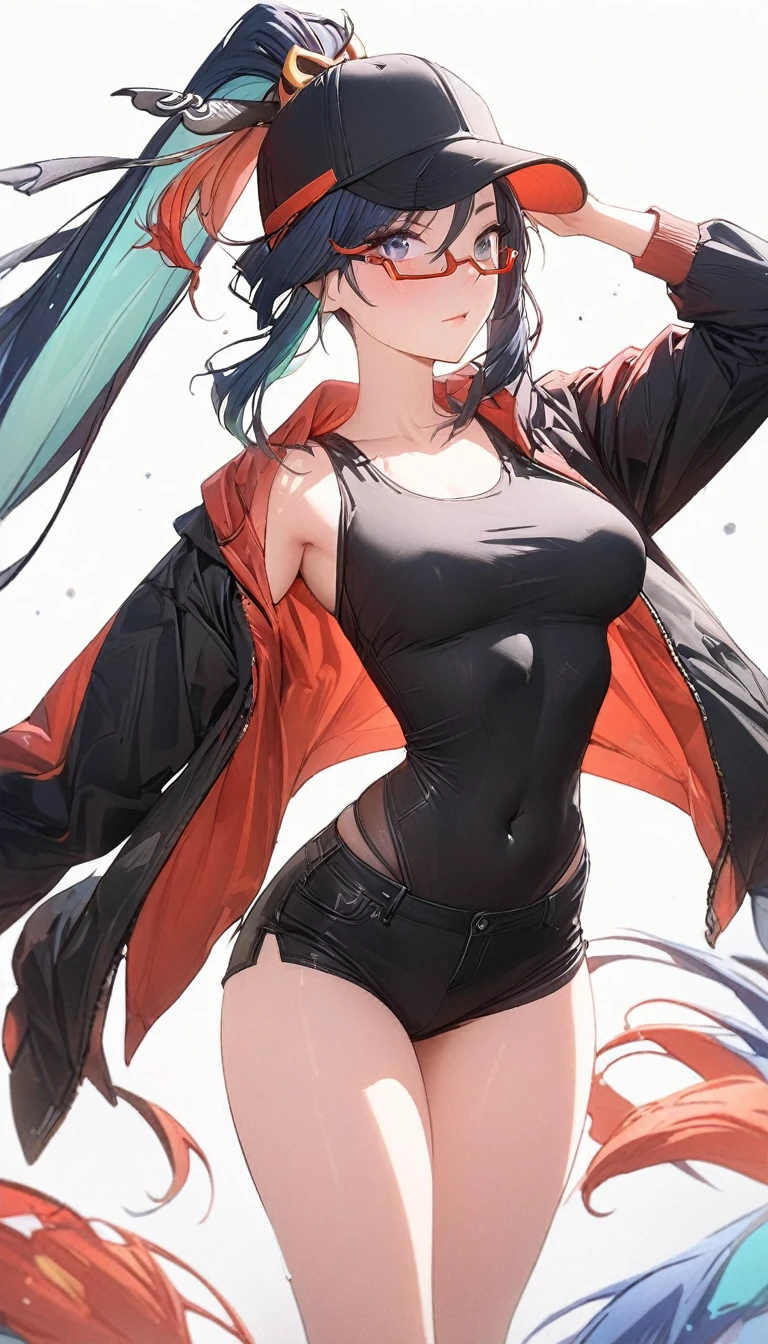 A woman with a baseball cap and a jacket, open jacket , wearing shorts ,extremely detailed anime style girl, seductive anime girl portrait, detailed facial features, , detailed clothing, studio lighting, 8k, high resolution, masterpiece, vibrant colors, dynamic composition, full body shot, dynamic pose, white background, blue_eyes, long_hair, black_hair,semi-rimless_eyewear, hair_ornament, covered_navel, red-framed_eyewear, blue_hair, multicolored_hair, bangs,