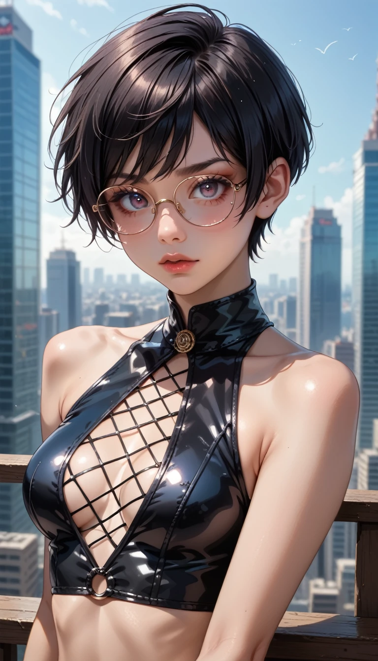 score_9, score_8_Excellent, score_7_Excellent, Realistic:1.2, realistic face and eyes:1.3, Realistic skin:1.3, 1girl, Japanese idol photos, Beautiful young idol, Perfect model body shape., tomboy, (very short hair, pixie cut, Black Hair), circle-glasses, (((Captivating beauty))), big eyes, double eyelid, Attractive eyes, Glossy Lips, perfect female body, Big Breasts:1.8, Cleavage, Firm stomach, (((belly button))), Round ass:1.4, Toned thighs, Beautiful hands and feet, very good, bodycon, shiny dress, clothing cutout, elbow gloves, microskirt, o-ring, Seductive pose, Tokyo, Skyscraper Background, Attention to detail, Anatomically correct, Textured skin, high quality