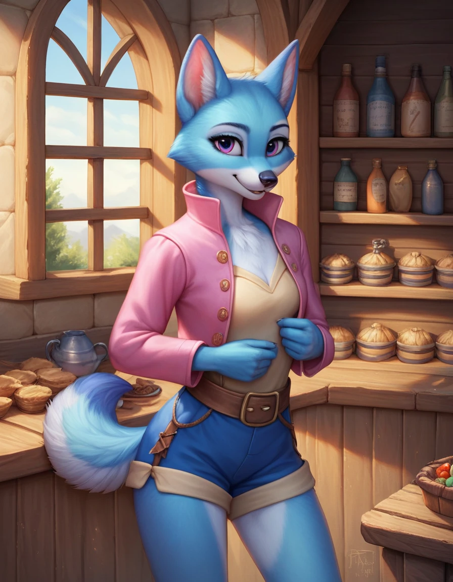 score_9, score_8_up, score_8, 1girl, source_cartoon, source_furry, blueyxl, bluey heeler as medieval shopkeeper, 18 year old girl, cowboy shot, anthro, furry, tail, blue body with beige snout, animal ears, flat shaded background, detailed medieval shop background, curvy, femanine, hourglass figure, detailed fur texture, cute medieval outfit, wear blue shorts, pink jacket, long sleeve, small breasts, short tail with dark blue fur on the end, bluey heeler from cartoon, looking at viewer
