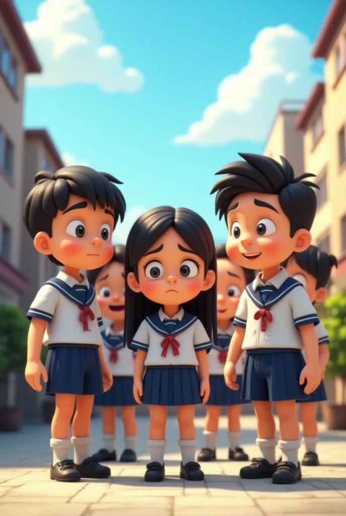 An ultra-realistic 3D image of a group of diverse students, aged 10 to 18, wearing school uniforms that match the provided design. The uniforms consist of white shirts with blue trim on the sleeves and collar, featuring three intertwined thin stripes—red, green, and yellow—across the chest, along with blue pants. The shirts also include a crest or emblem similar to the one shown in the image. The students are captured in an outdoor setting, engaging in joyful activities like laughing, talking, and studying together. The characters are rendered with lifelike details, including realistic facial expressions and textures. The scene is bright and inviting, with subtle decorations in the background promoting Statewide Student Week. The image is rendered in 8K resolution, ideal for a promotional campaign."