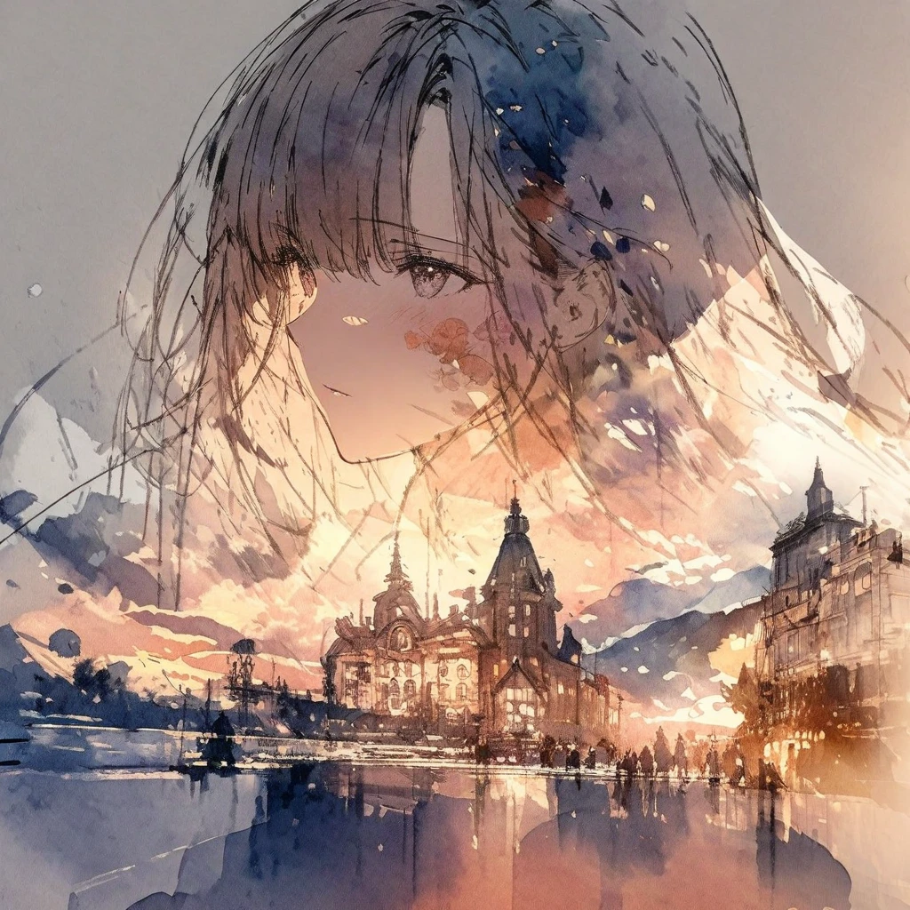 ((sketch:1.5)), ((watercolor:1)), Double Exposure of a Beautiful and Delicate Woman (The face is clear and perfect)image，Background、 Perfect Ultra Detailed Victorian Scenery , beautiful,  complicated illustration,  artwork concept artwork, break,( precisely because they are uneasy about the future、Everyone is making an effort ),