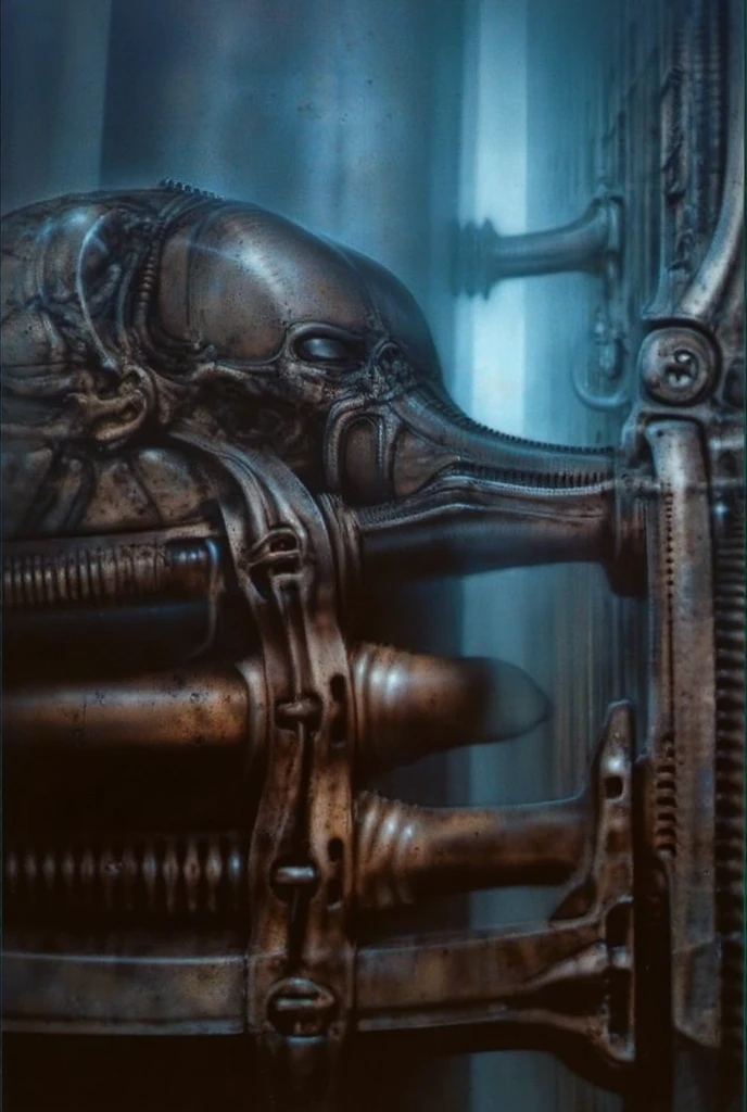 xgiger, The image is a detailed view of H.R. Giger's biomechanical tableau \" LANDSCAPE No 312 \" plate, featuring
a complex, intricate, and detailed design of endless Machine in the transit space over the cascade of fallen water, that appears to be a fusion of organic and mechanical elements, with a focus on the interplay between the two.The piece is a tableau, most likely created with a India ink pen or pencil on paper, determined by the thin lines, shading techniques, and the texture of the paper, which is visible around the edges.
Used is pen, given the shading and variations in line weight visible in the image. Artist have used a variety of stylus with different degrees of hardness to achieve the shading effects.
 The use of undersaturated green-grays dark contrasts creates a stark and graphic look. Is used a variety of linework techniques to create different textures. Fine, parallel lines create a smooth, metallic texture,while thicker, more cursive lines suggest cables or wires.
Light source from the top highlights skeletals, pper part of foreground, lower part of image is in shadowupper part of foreground, lower part of image is in shadow.
The art performance showcases the artist’s skills in observation and rendering. The level of detail in the piece suggests a close study of real bone specimens and mechanics. The artist has skillfully used shading techniques to create a convincing illusion of three-dimensionality on a flat surface. The wrinkles and cracks in the surface, and the cast shadows with accuracy, used shading techniques to create a realistic depiction of light and shadow on the objects. This creates a sense of depth and dimension in the image. The artist has used careful linework to depict the contours and textures in the piece
Sharp focus on foreground elements illustration. Deep and delicate DOF. Big painting. Stored in Louvre masterpiece, ooze soaked pajama top
