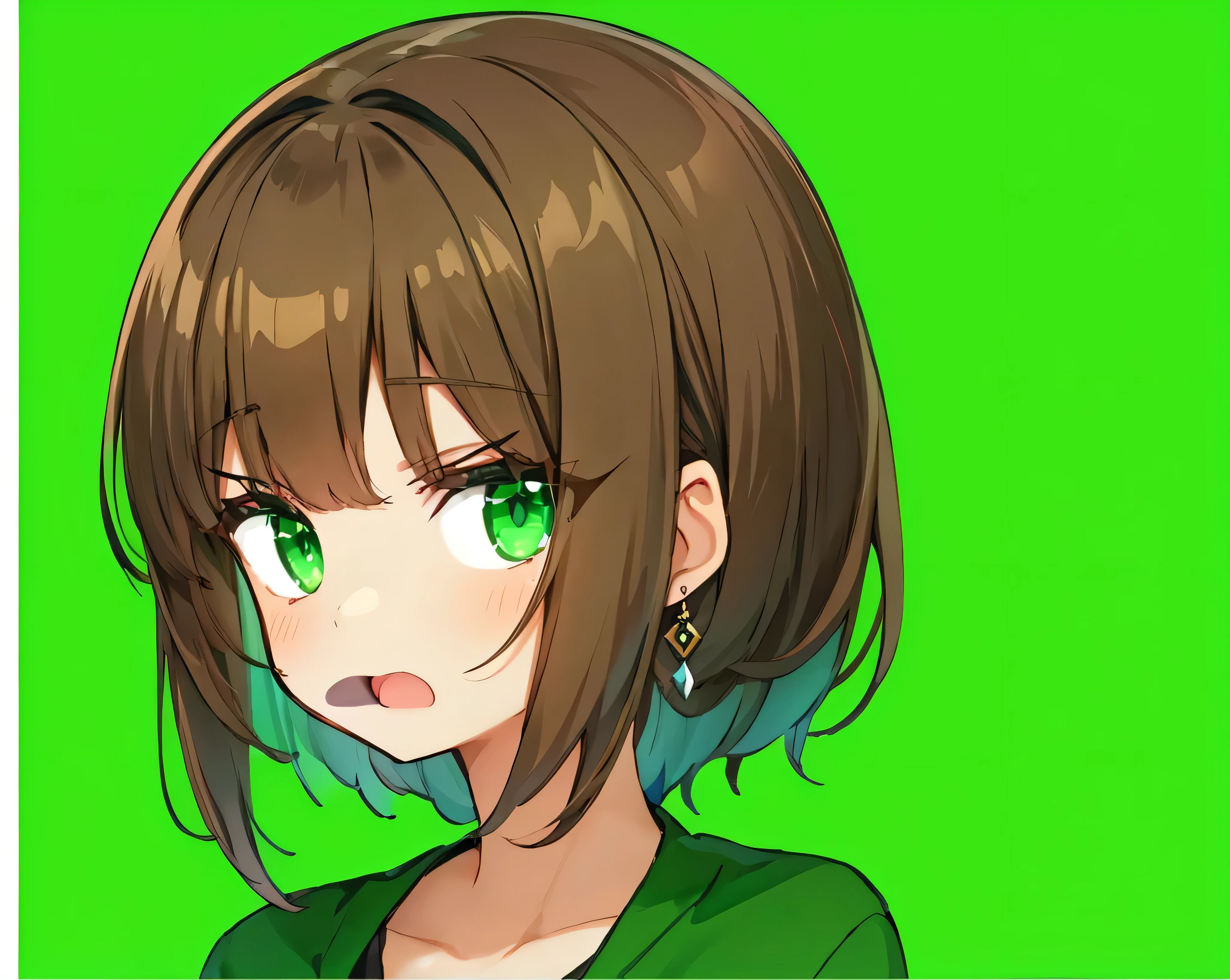 young woman,  brown hair ,  beautiful green and black hair clip, Earrings, dark green jacket, black t-shirt, green pants, sitting posture,  more concerned about her facial expression , young woman пытается что-то объяснить, gesturing strongly 