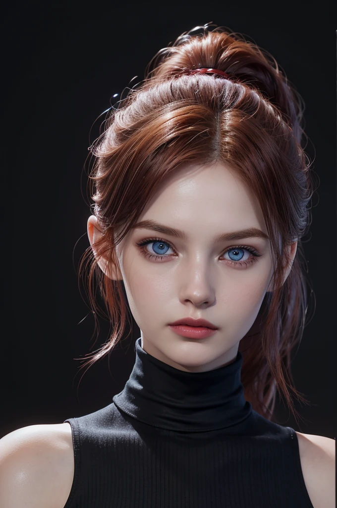 woman with medium hair ,Auburn-red-hair, pale,soft body,eyeliner,portrait,blue eyes,eyeliner,wonderful highly detailed masterpiece, elegant, digital painting, smooth, dramatic lighting, ultra realistic, 8k, art , blur backgrond, black background ,black background, black turtleneck,look at camera