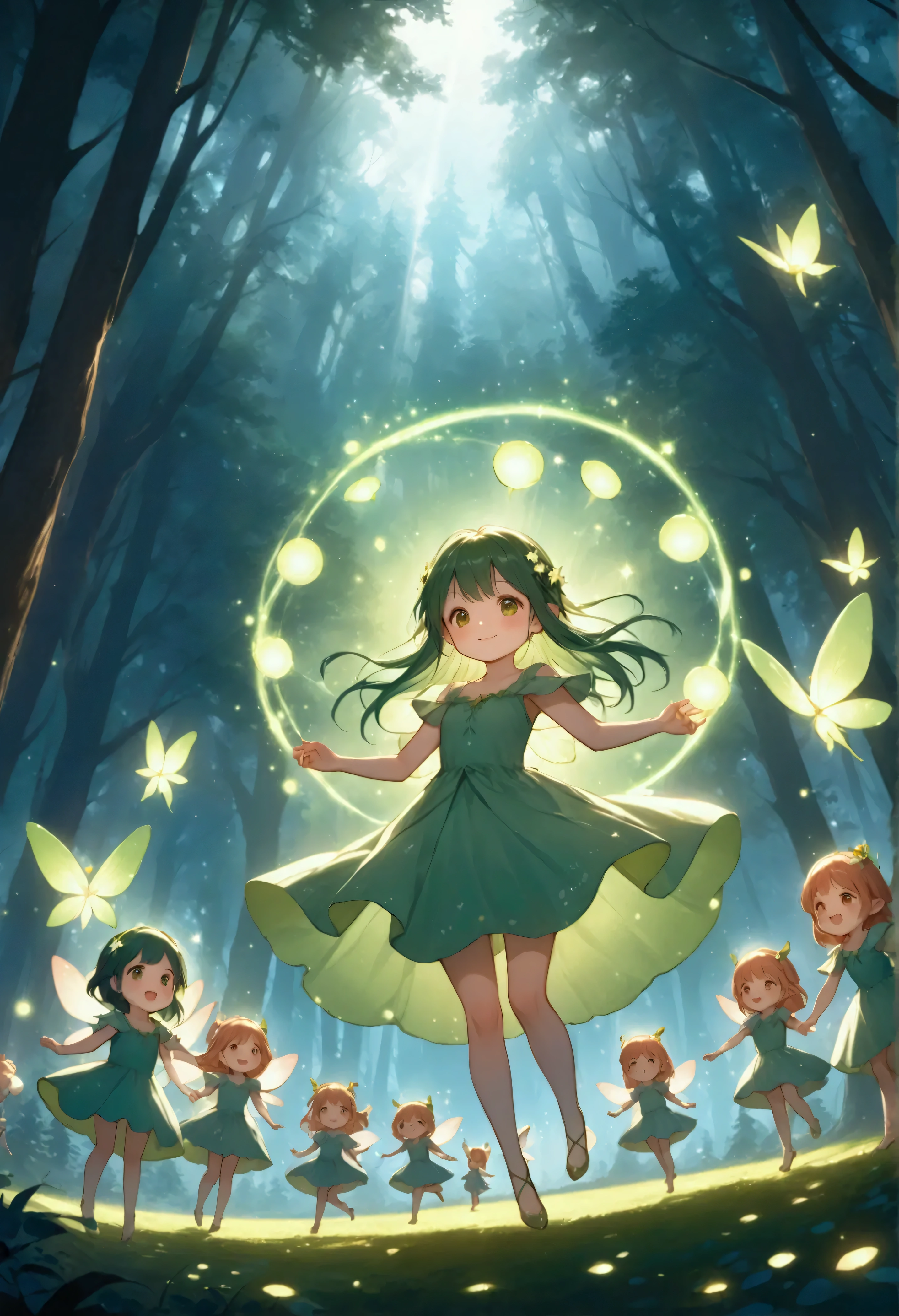 small cute 6+fairies, dancing happily upon fairy ring in the dark forest, Lots of shiny fairy dust , glowing green fairy rings,dynamic angle