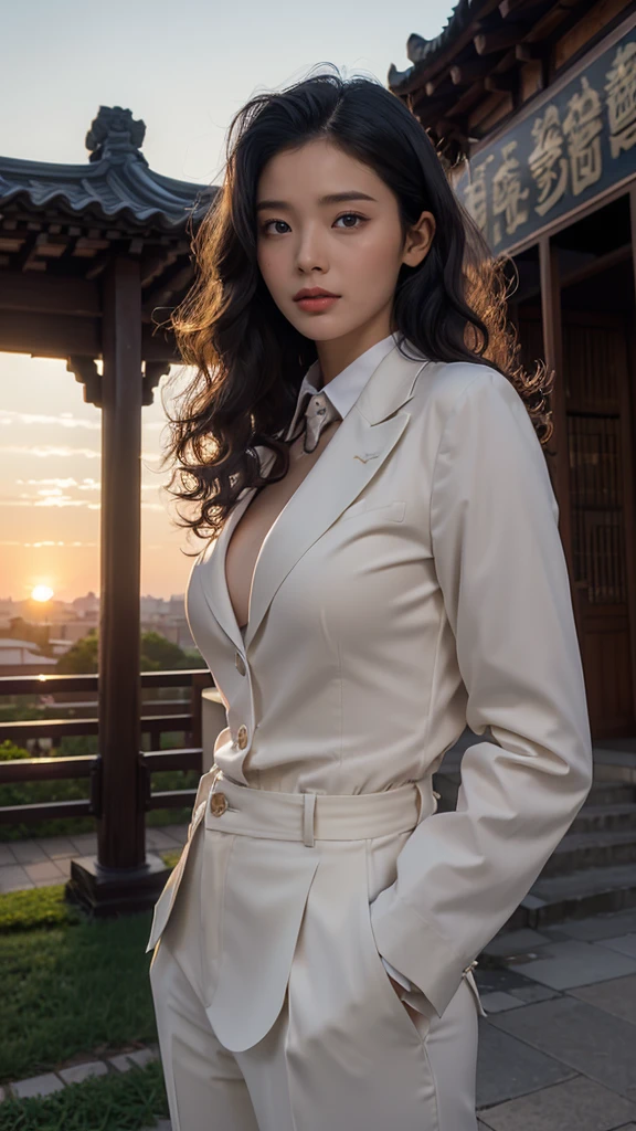  Hi-Res、masterpiece、 wrinkled skin、 High image quality、超 Hi-Res、 very detailed、woman、 high school students、  high school blazer uniform 、(( black medium length  ,   center parted curly hair、 full body shot 、スポーティなwoman、 boyish、 camera 、 big breasts at the temple、 Perfect Style 、Long legs、 The background is on a hill at dusk  ,   model posing against the sunset .、