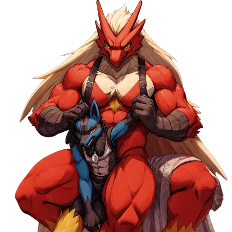 4k ultra quality, 4k full body view,masterpiece quality,young Lucario vs giant Blaziken,Lucario very pained expression,Lucario dominated by Blaziken,lucario's head is between blaziken's thighs,size difference,wrestling ring background